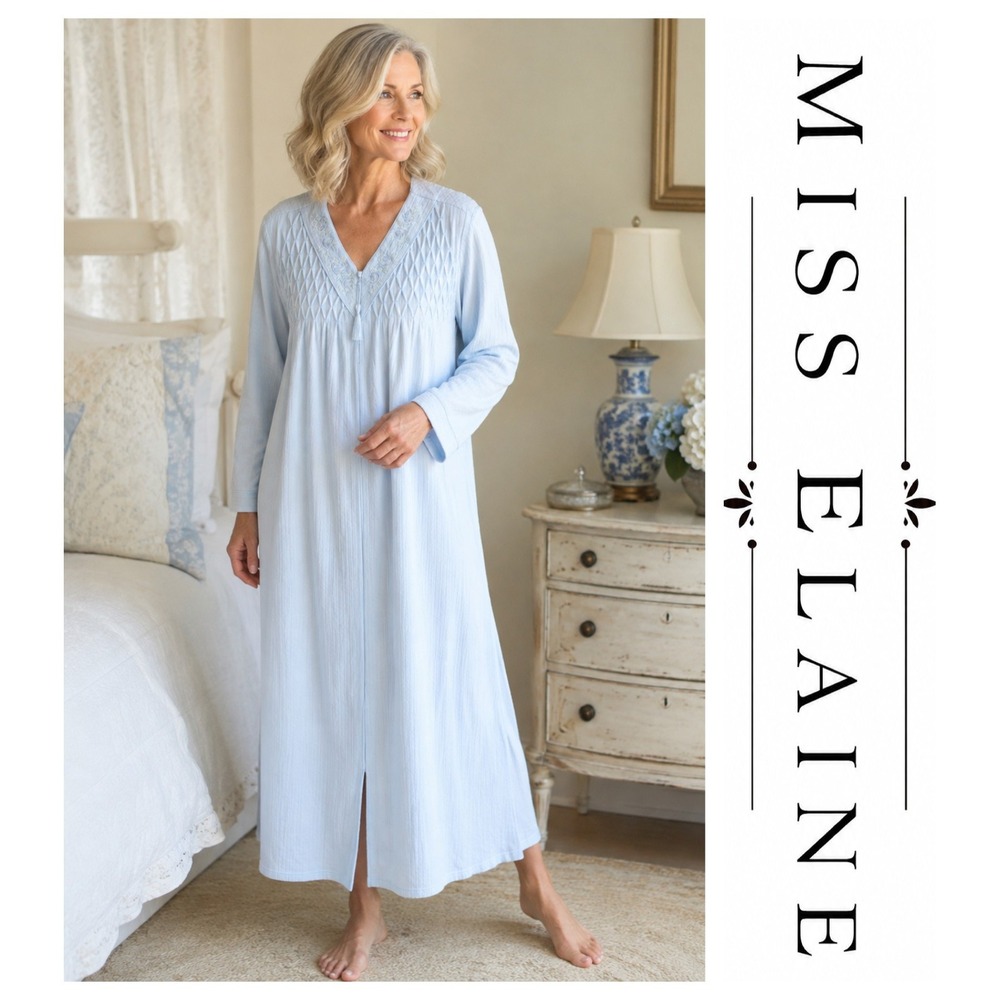 Miss Elaine Blue Pastel Embroidered Ribbed Zip Long Sleeve Robe Housecoat XL NWT